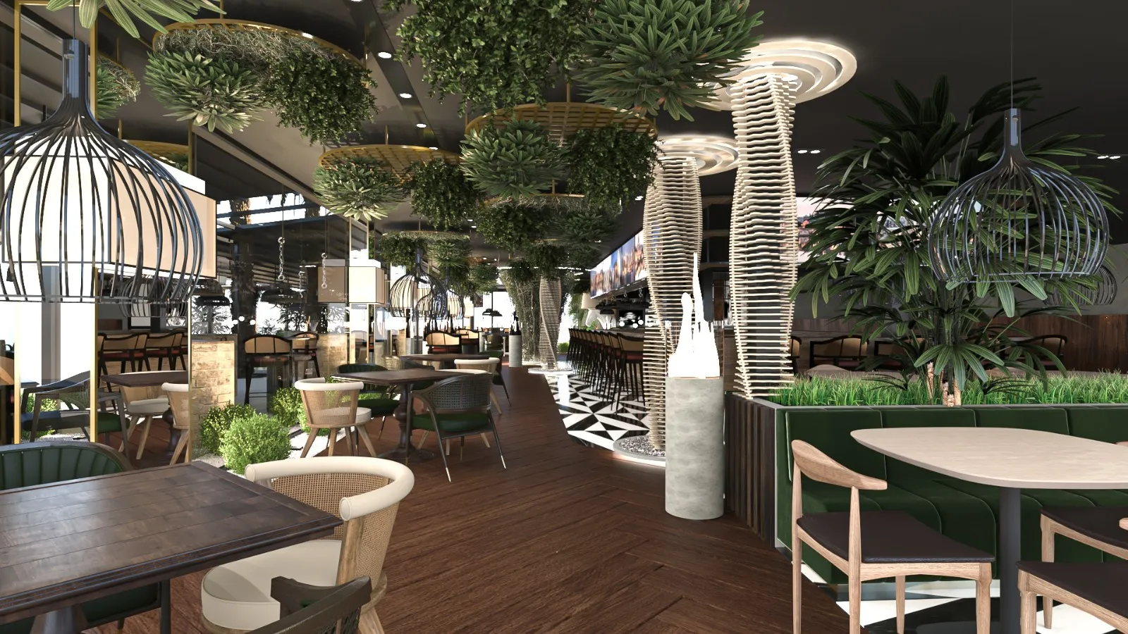 Recep Pub projesi, ışıklı sütunlar ve asılı yeşil tablalar (3B görselleştirme)