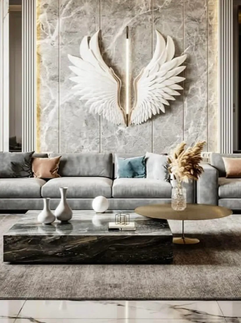 Sudan villa projesi, kanat motifli mermer salon duvarı (3B görselleştirme)